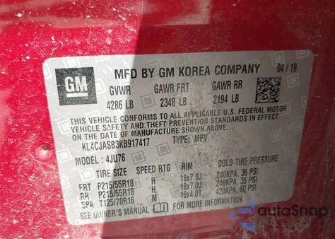 2019 Buick Encore Fwd Preferred z USA, uszkodzony, nr VIN KL4CJASB3KB917417